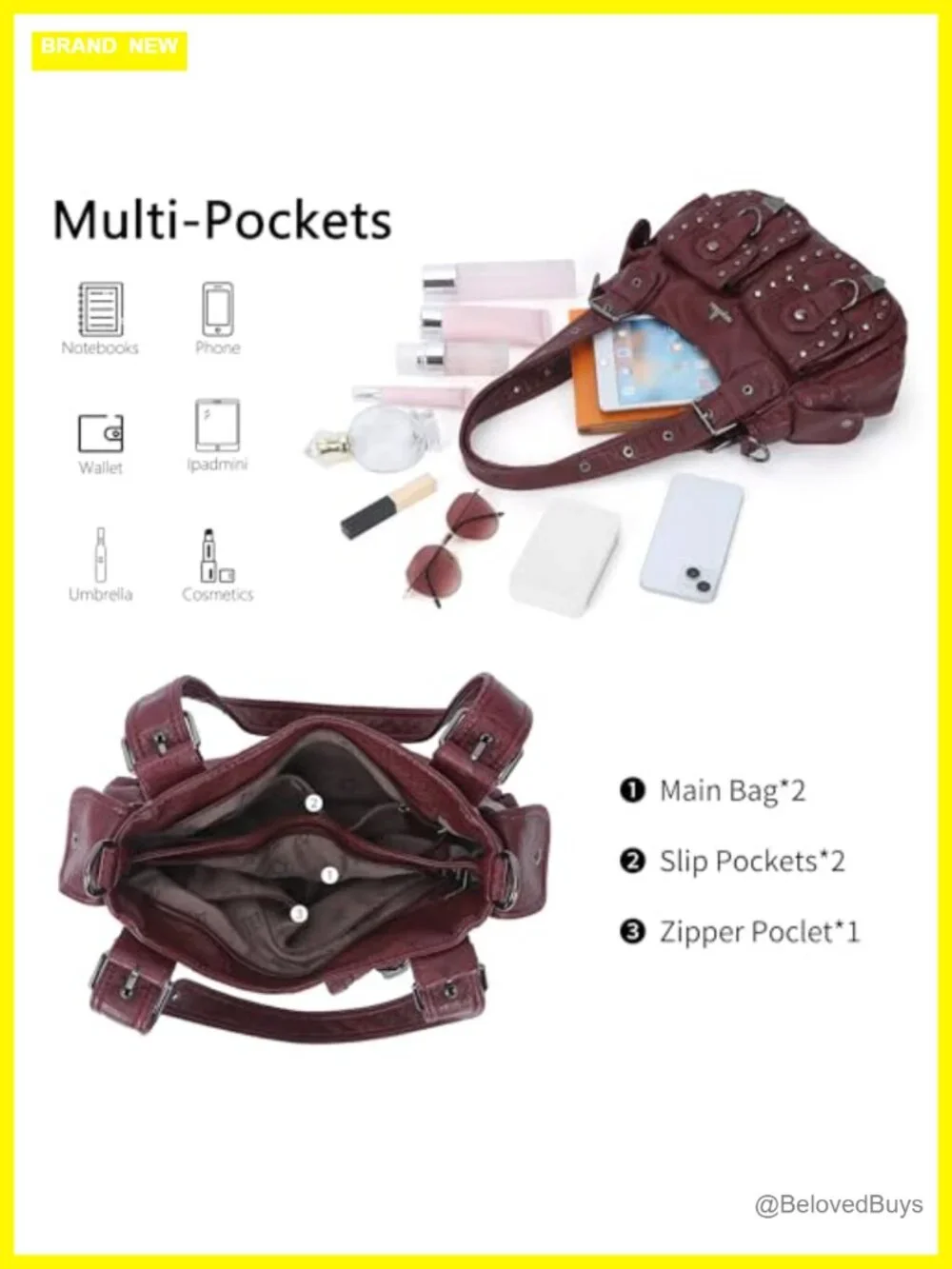Vegan Leather Hobo Bag with Multiple Pockets Shoulder Tote Crossbody